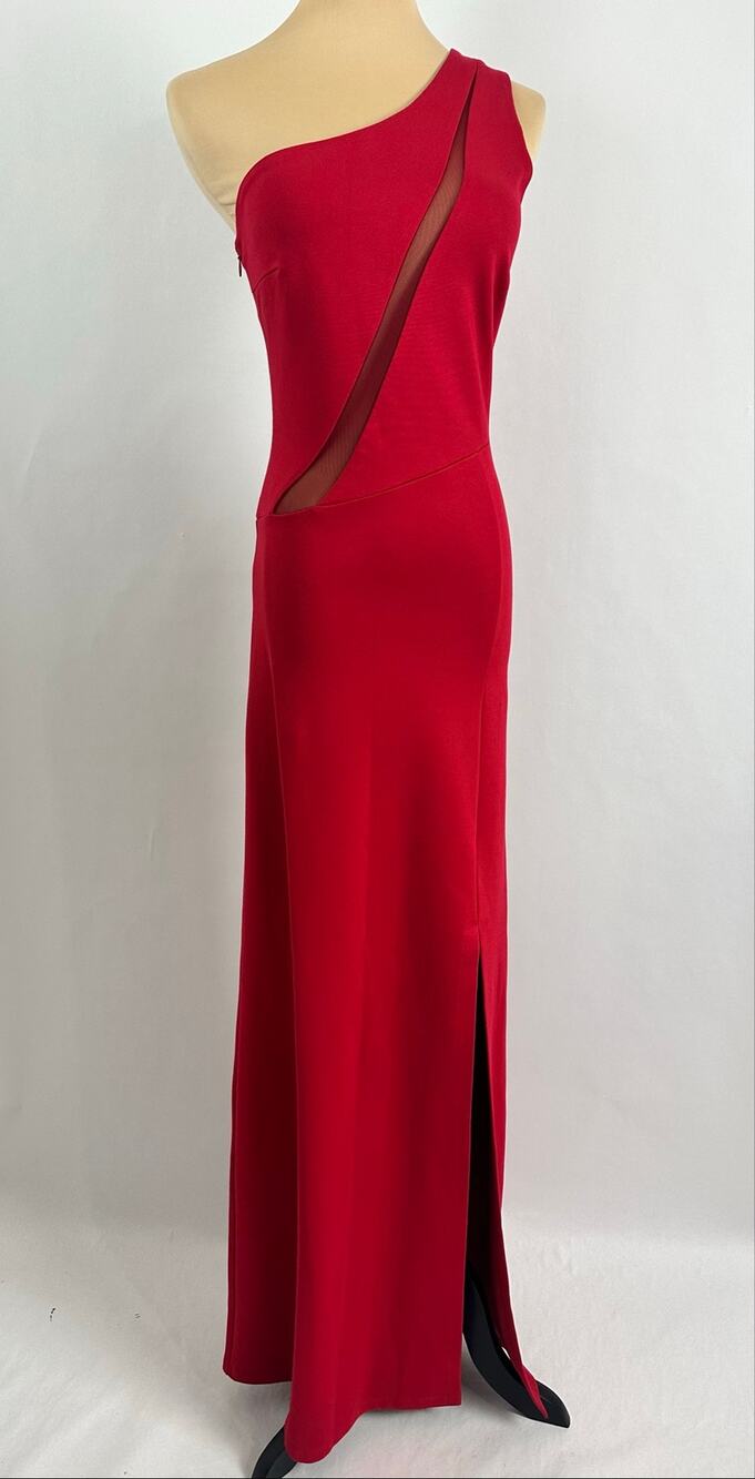 Marcella NYC Red One-Shoulder Mesh Cut-Out Side Slit Ponte Maxi Dress Size XS